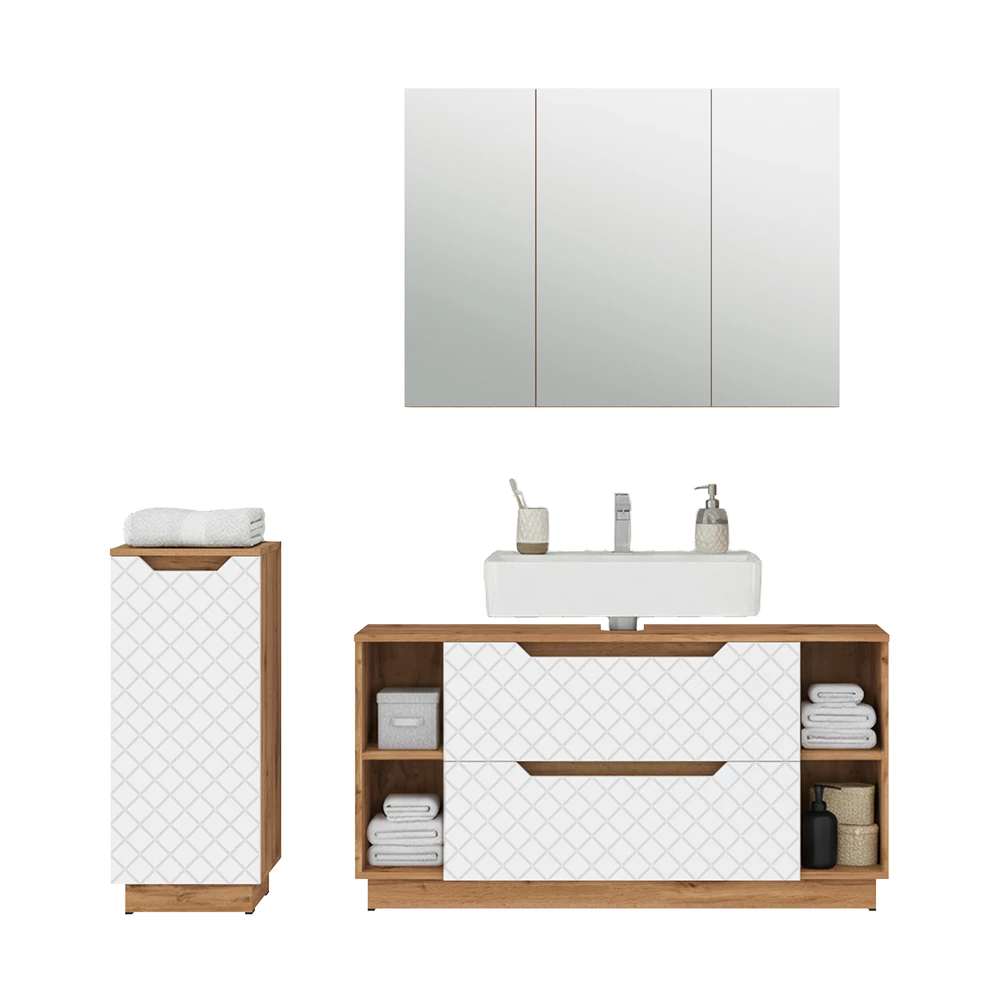 Badkamermeubelset in Eiken/wit met tegelstructuur on white background with decorative elements