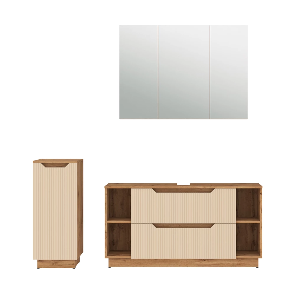Badmöbel-Set in Eiche/Kaschmir gestreift auf weißem Hintergrund