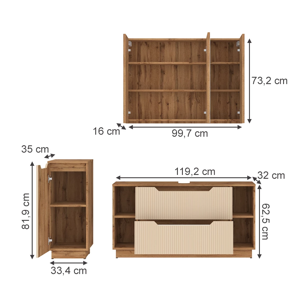 Badmöbel-Set in Eiche/Kaschmir gestreift auf weißem Hintergrund mit sichtbaren Maßen