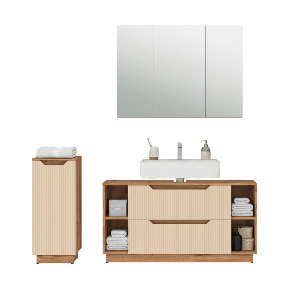 Badmöbel-Set in Eiche/Kaschmir gestreift auf weißem Hintergrund mit dekorativen Elementen