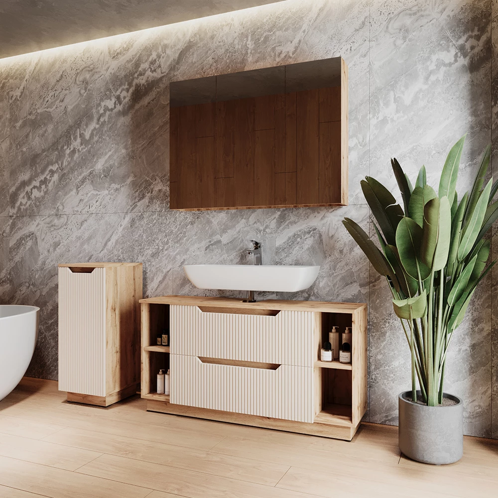 Nahaufnahme von Badmöbel-Set in Eiche/Kaschmir gestreift, zeigt Design- und Oberflächendetails