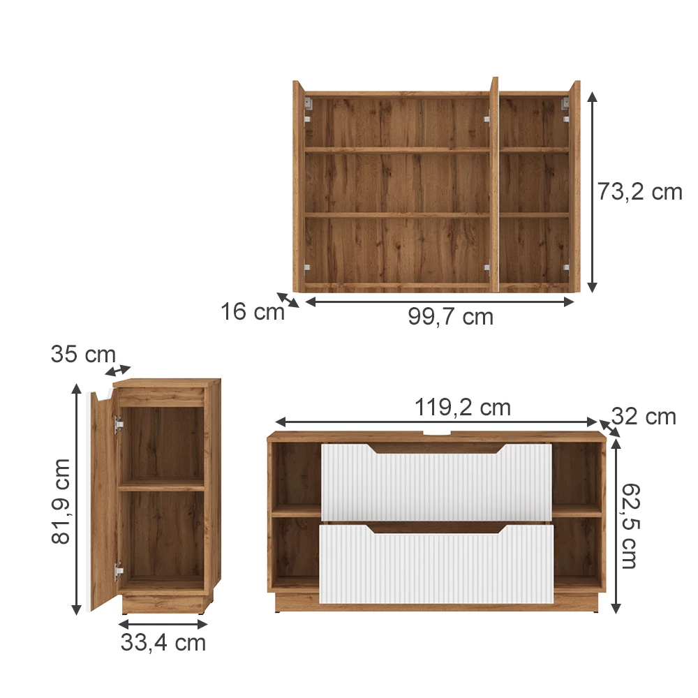 Badkamermeubelset in Eiken/wit gestreept on white background with visible dimensions