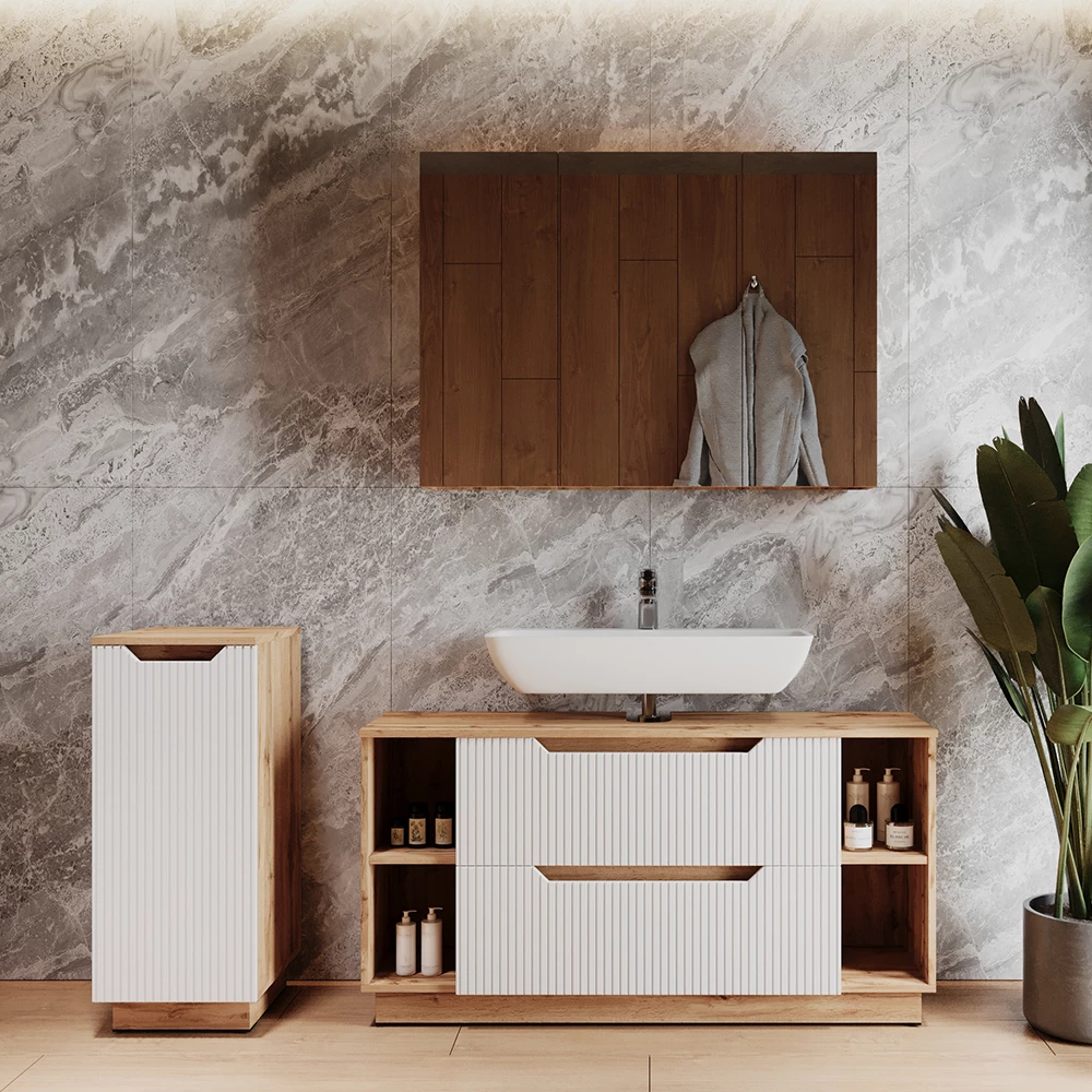 Badkamermeubelset in Eiken/wit gestreept shown in ambient setting with decoration