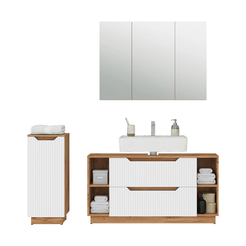 Badkamermeubelset in Eiken/wit gestreept on white background with decorative elements