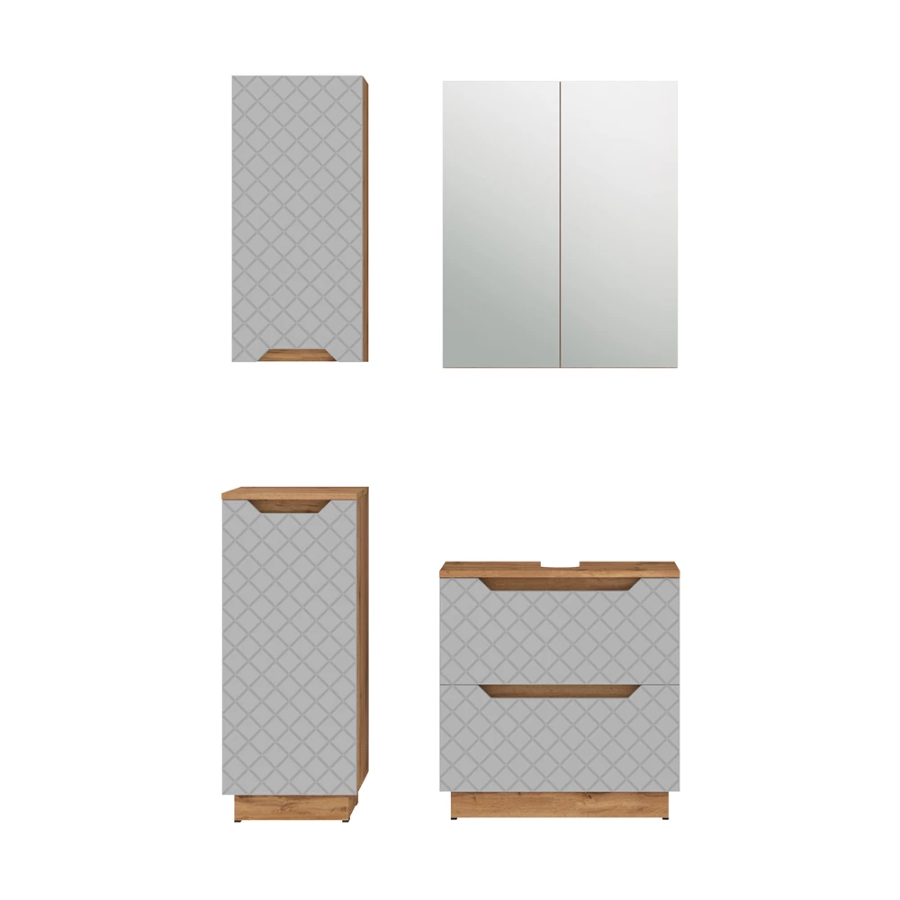 Badkamermeubelset in Eiken/grijs met tegelstructuur on white background