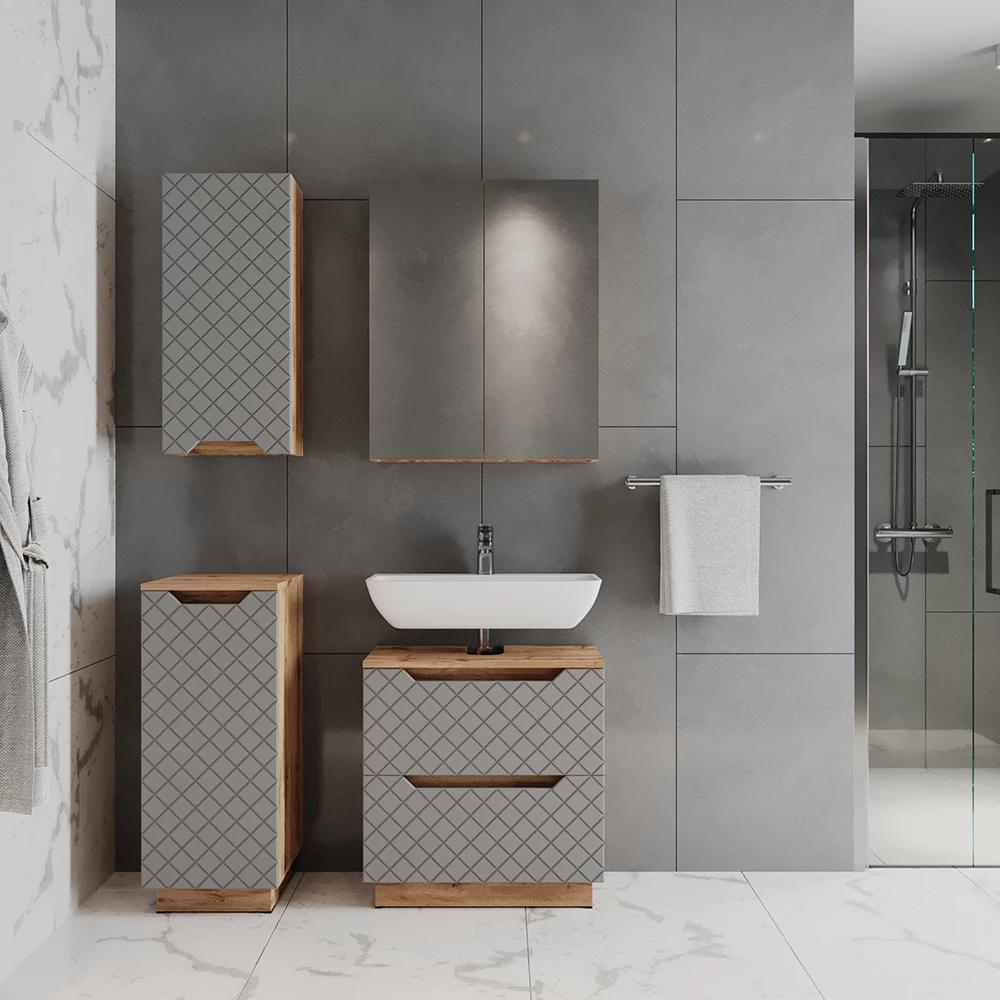 Badkamermeubelset in Eiken/grijs met tegelstructuur shown in ambient setting with decoration