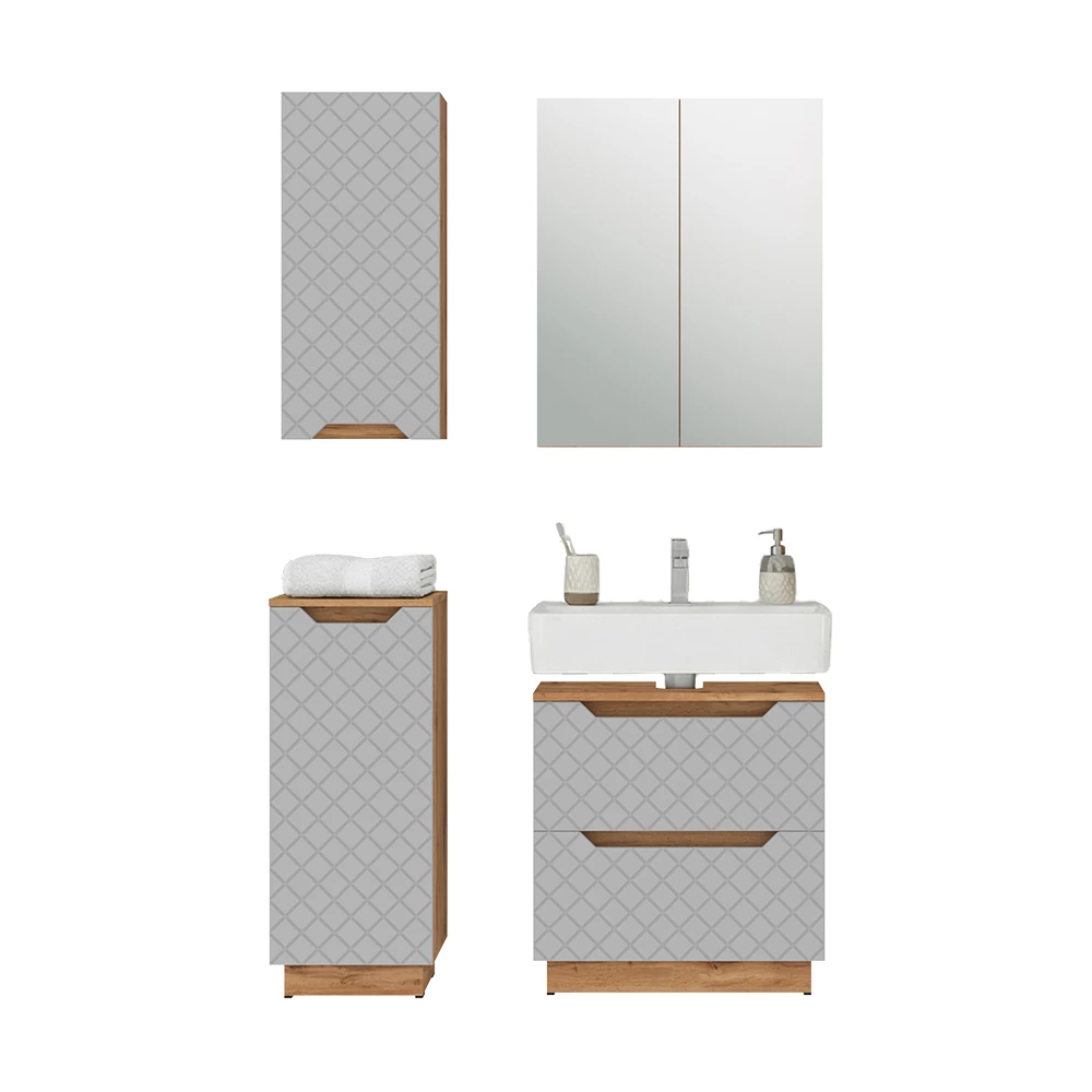 Badkamermeubelset in Eiken/grijs met tegelstructuur on white background with decorative elements