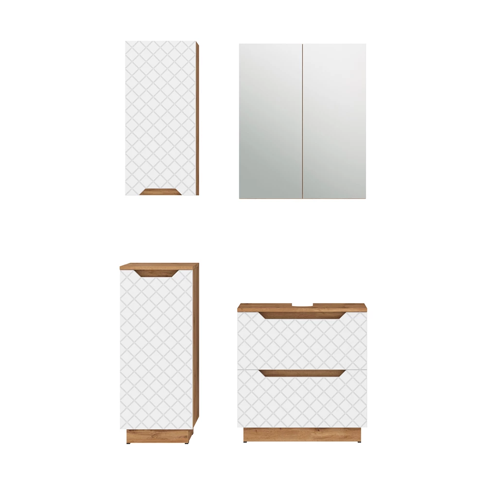 Badkamermeubelset in Eiken/wit met tegelstructuur on white background