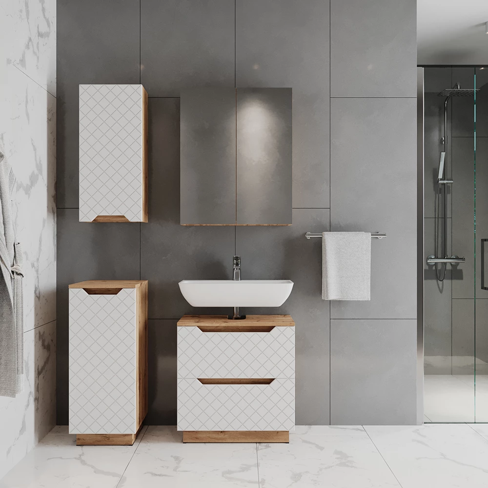 Badkamermeubelset in Eiken/wit met tegelstructuur shown in ambient setting with decoration