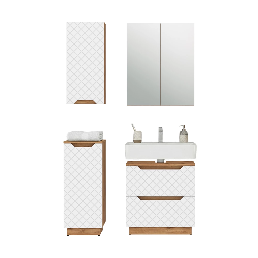 Badkamermeubelset in Eiken/wit met tegelstructuur on white background with decorative elements