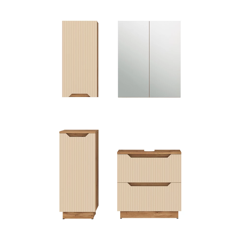 Badmöbel-Set in Eiche/Kaschmir gestreift auf weißem Hintergrund