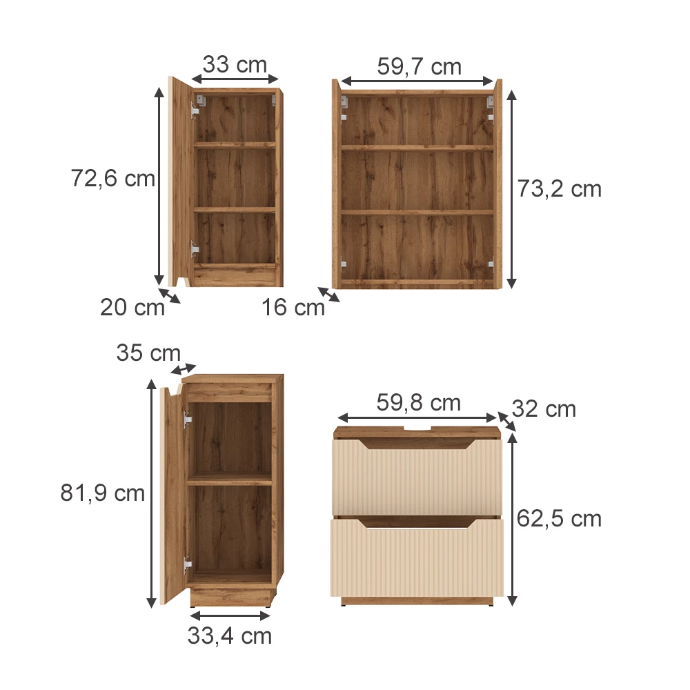 Badmöbel-Set in Eiche/Kaschmir gestreift auf weißem Hintergrund mit sichtbaren Maßen