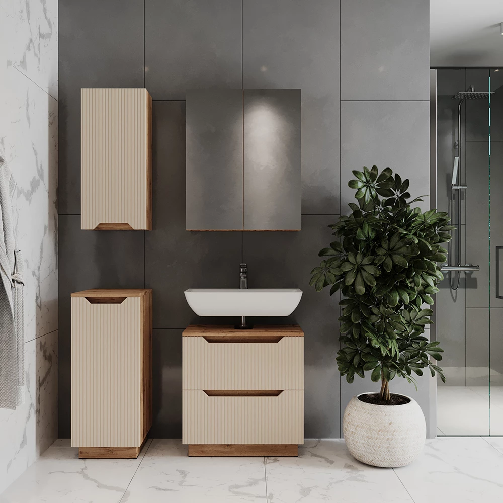 Badmöbel-Set in Eiche/Kaschmir gestreift, dargestellt im Ambiente mit Dekoration