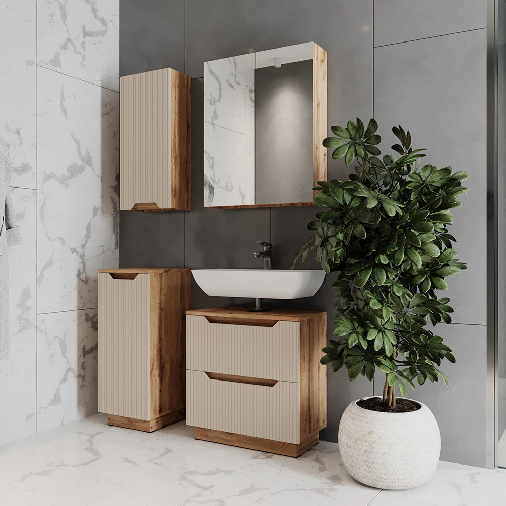 Nahaufnahme von Badmöbel-Set in Eiche/Kaschmir gestreift, zeigt Design- und Oberflächendetails