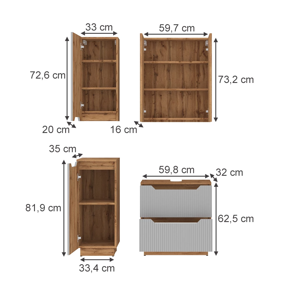 Badmöbel-Set in Eiche/grau gestreift auf weißem Hintergrund mit sichtbaren Maßen