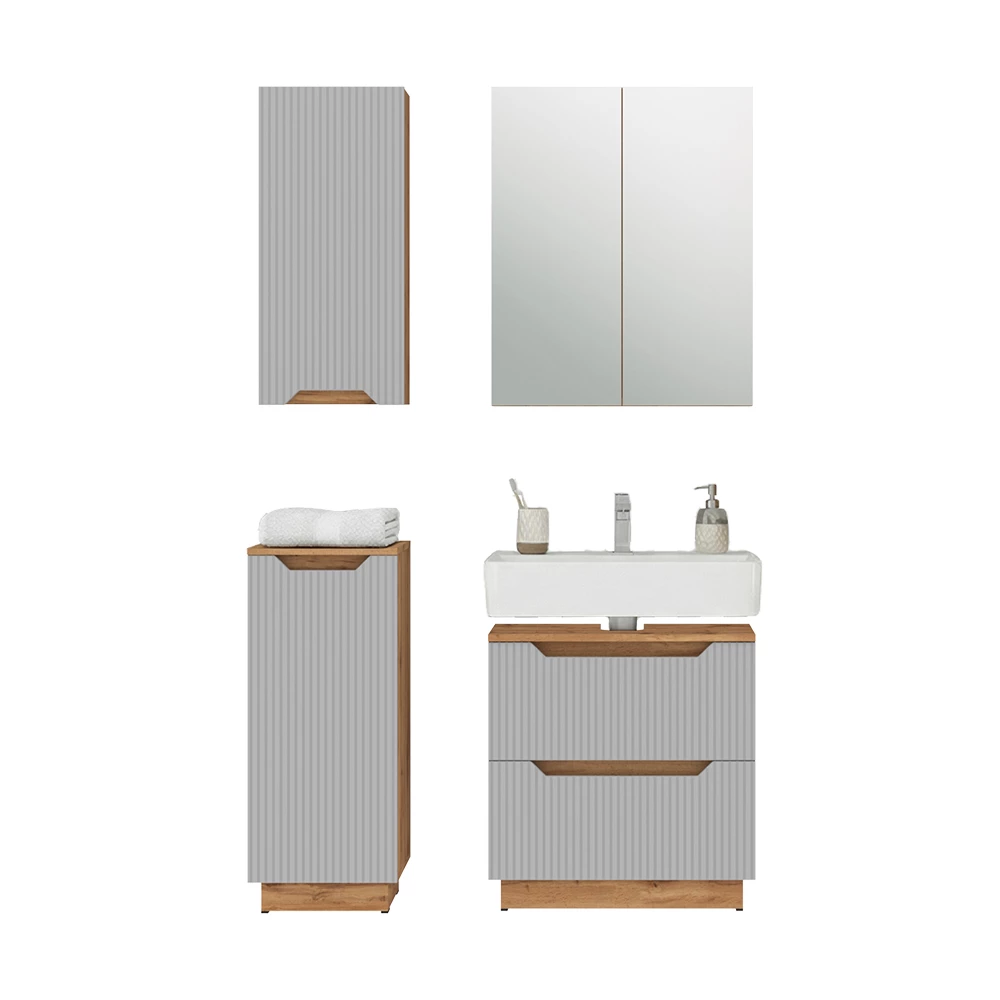 Badmöbel-Set in Eiche/grau gestreift auf weißem Hintergrund mit dekorativen Elementen
