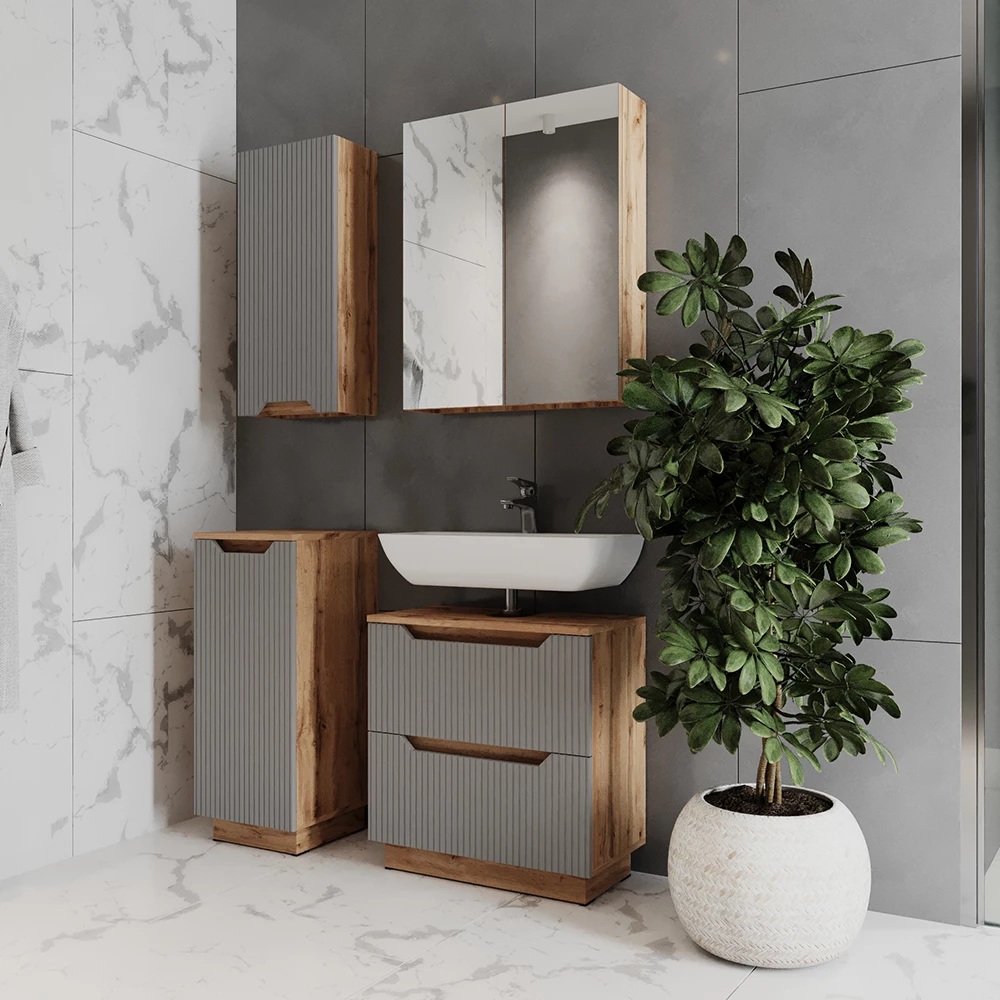 Nahaufnahme von Badmöbel-Set in Eiche/grau gestreift, zeigt Design- und Oberflächendetails