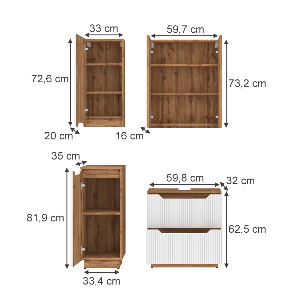 Badmöbel-Set in Eiche/weiß gestreift auf weißem Hintergrund mit sichtbaren Maßen