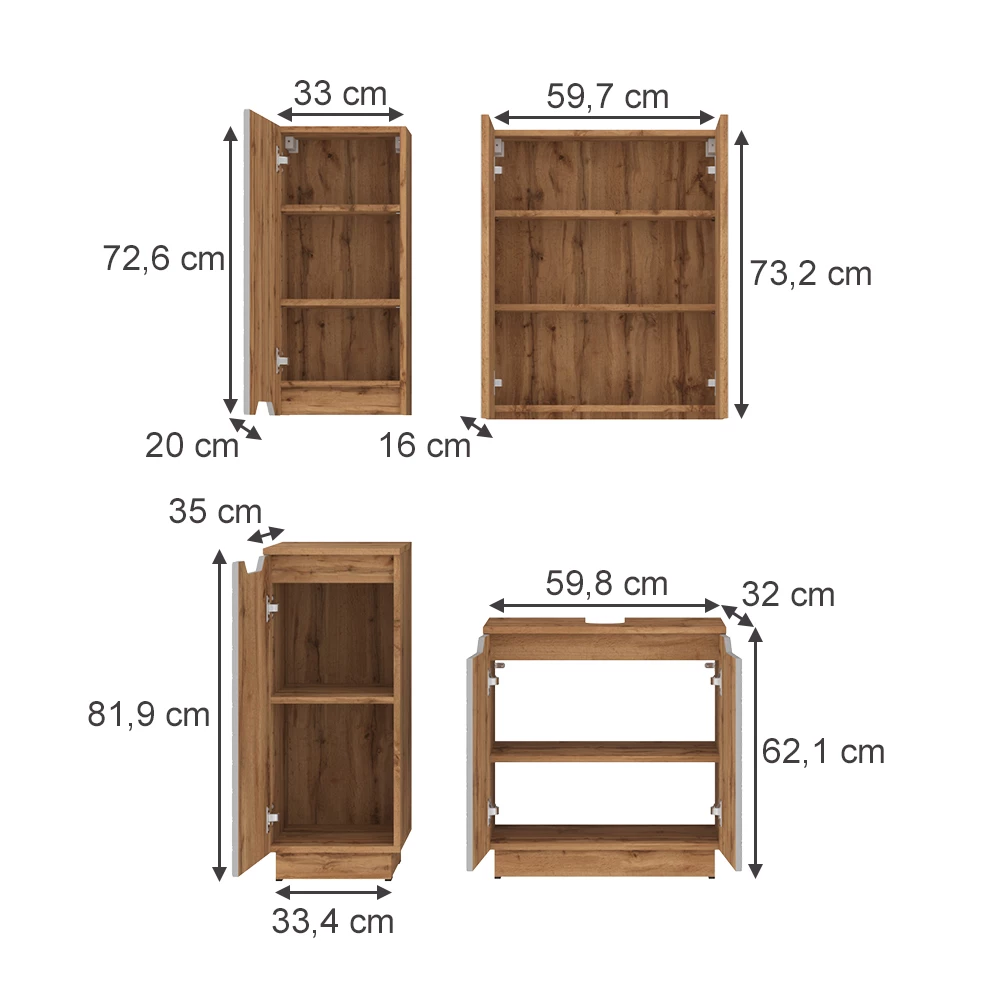 Badkamermeubelset in Eiken/grijs met tegelstructuur on white background with visible dimensions