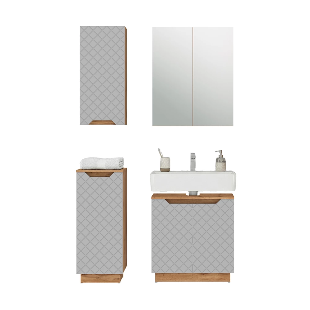 Badkamermeubelset in Eiken/grijs met tegelstructuur on white background with decorative elements