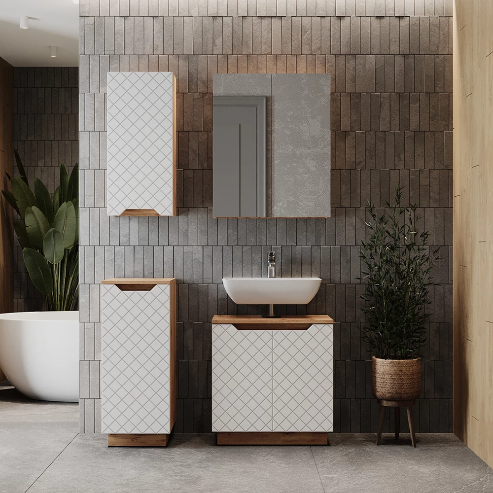 Badkamermeubelset in Eiken/wit gestreept shown in ambient setting with decoration