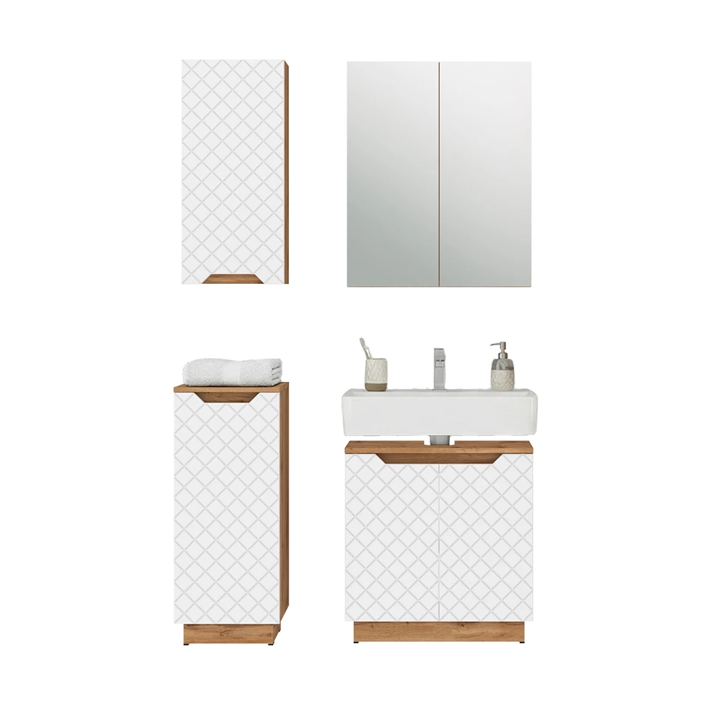 Badkamermeubelset in Eiken/wit gestreept on white background with decorative elements