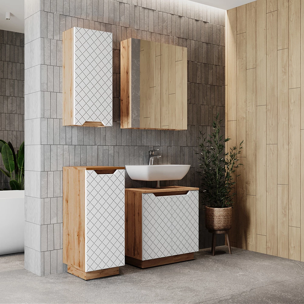 Close-up of Badkamermeubelset in Eiken/wit gestreept, showing design and surface details