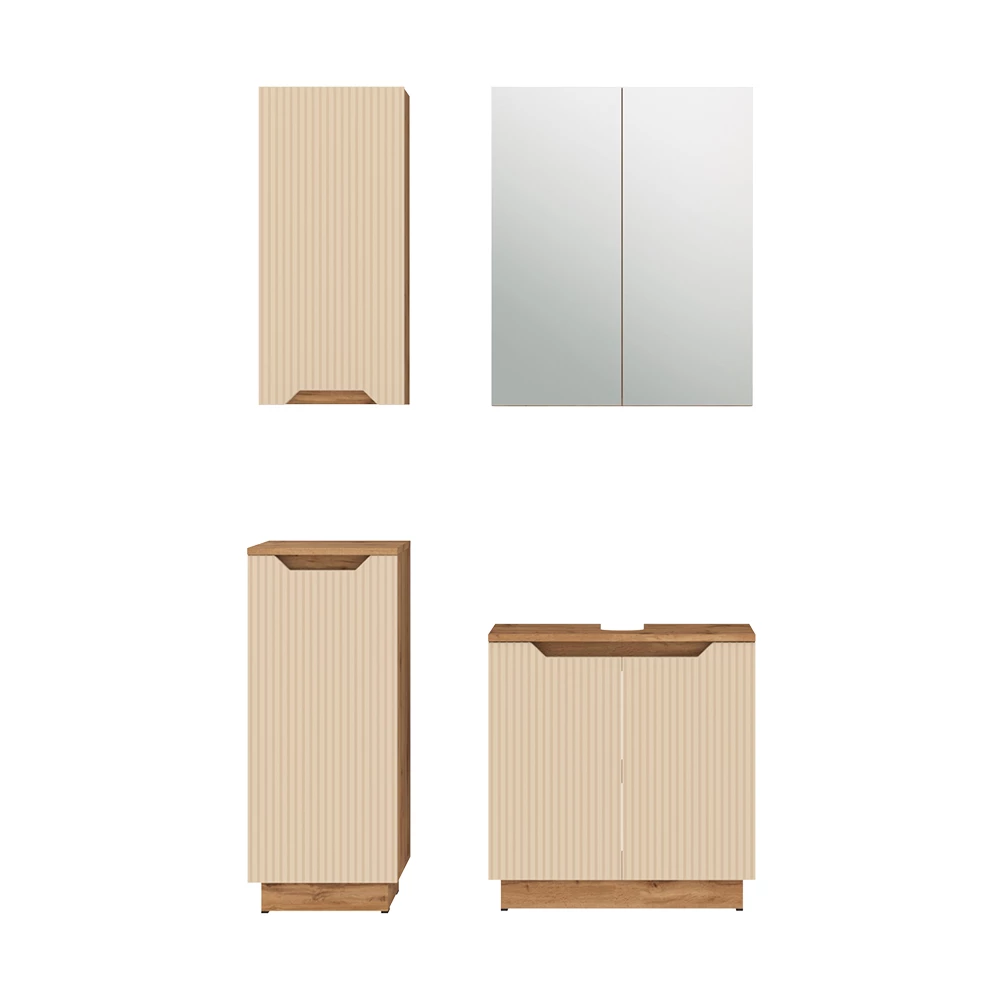 Badmöbel-Set in Eiche/Kaschmir gestreift auf weißem Hintergrund