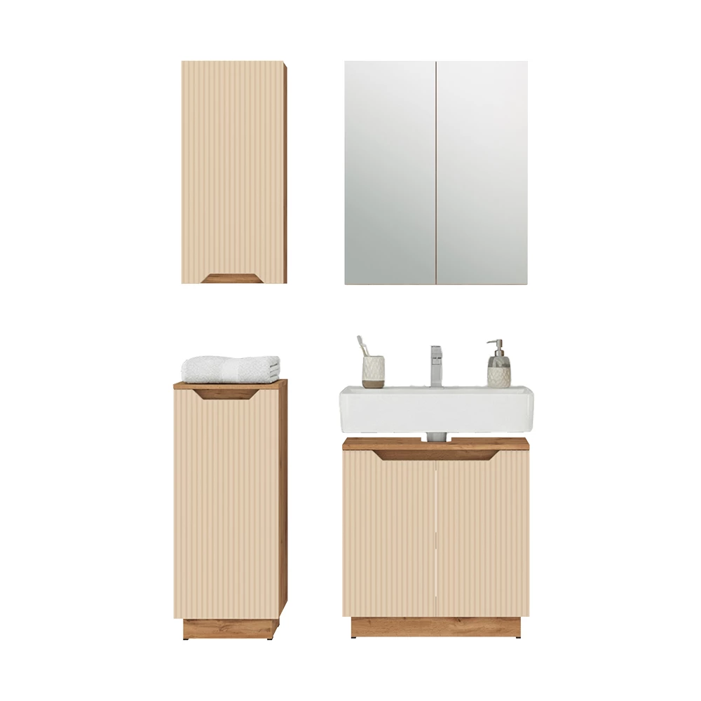Badmöbel-Set in Eiche/Kaschmir gestreift auf weißem Hintergrund mit dekorativen Elementen