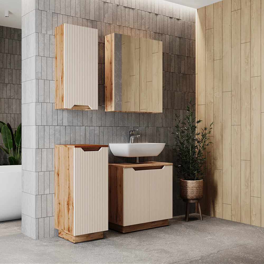 Nahaufnahme von Badmöbel-Set in Eiche/Kaschmir gestreift, zeigt Design- und Oberflächendetails