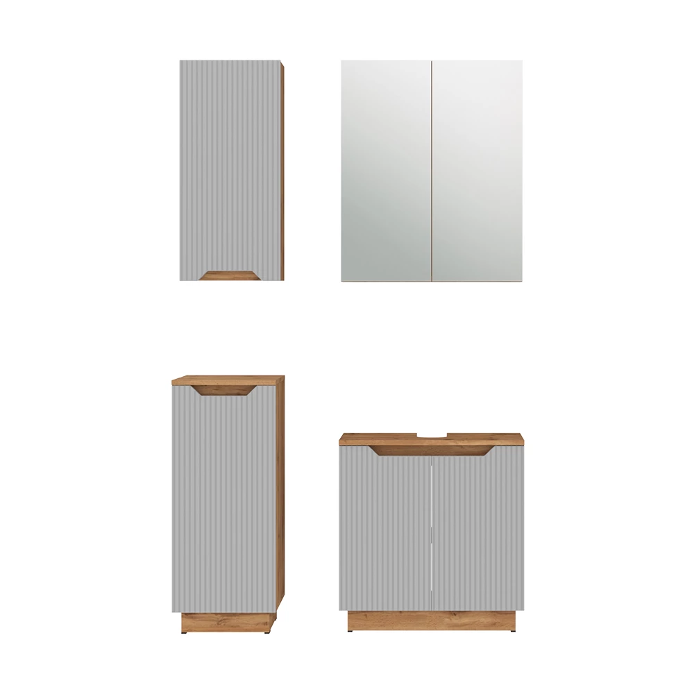 Badmöbel-Set in Eiche/grau gestreift auf weißem Hintergrund