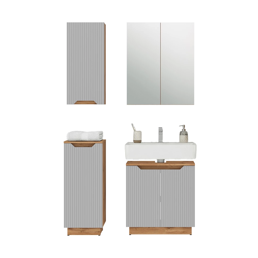 Badmöbel-Set in Eiche/grau gestreift auf weißem Hintergrund mit dekorativen Elementen