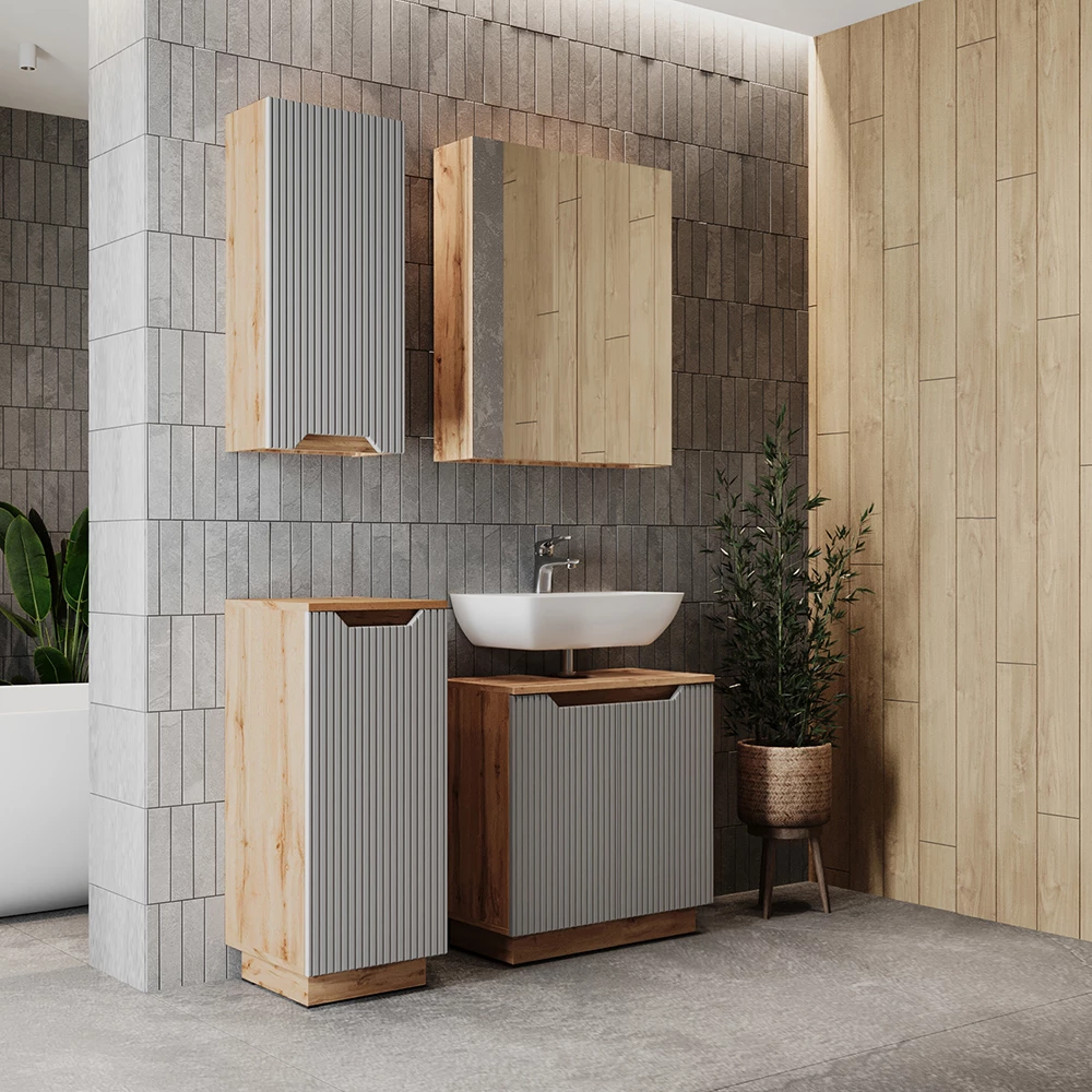 Nahaufnahme von Badmöbel-Set in Eiche/grau gestreift, zeigt Design- und Oberflächendetails