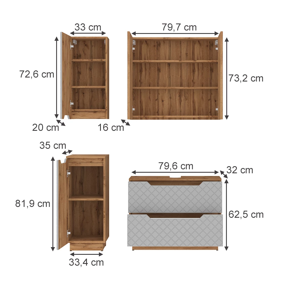 Badkamermeubelset in Eiken/grijs met tegelstructuur on white background with visible dimensions