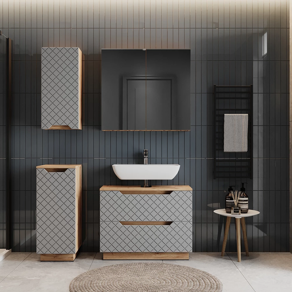 Badkamermeubelset in Eiken/grijs met tegelstructuur shown in ambient setting with decoration