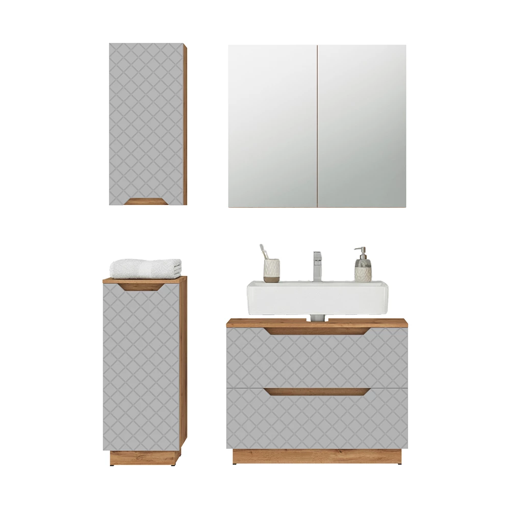 Badkamermeubelset in Eiken/grijs met tegelstructuur on white background with decorative elements
