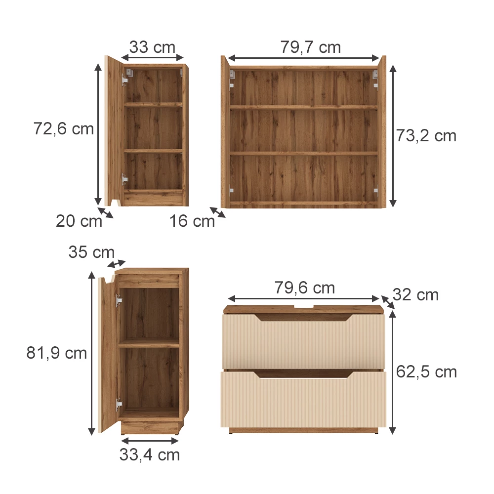 Badmöbel-Set in Eiche/Kaschmir gestreift auf weißem Hintergrund mit sichtbaren Maßen
