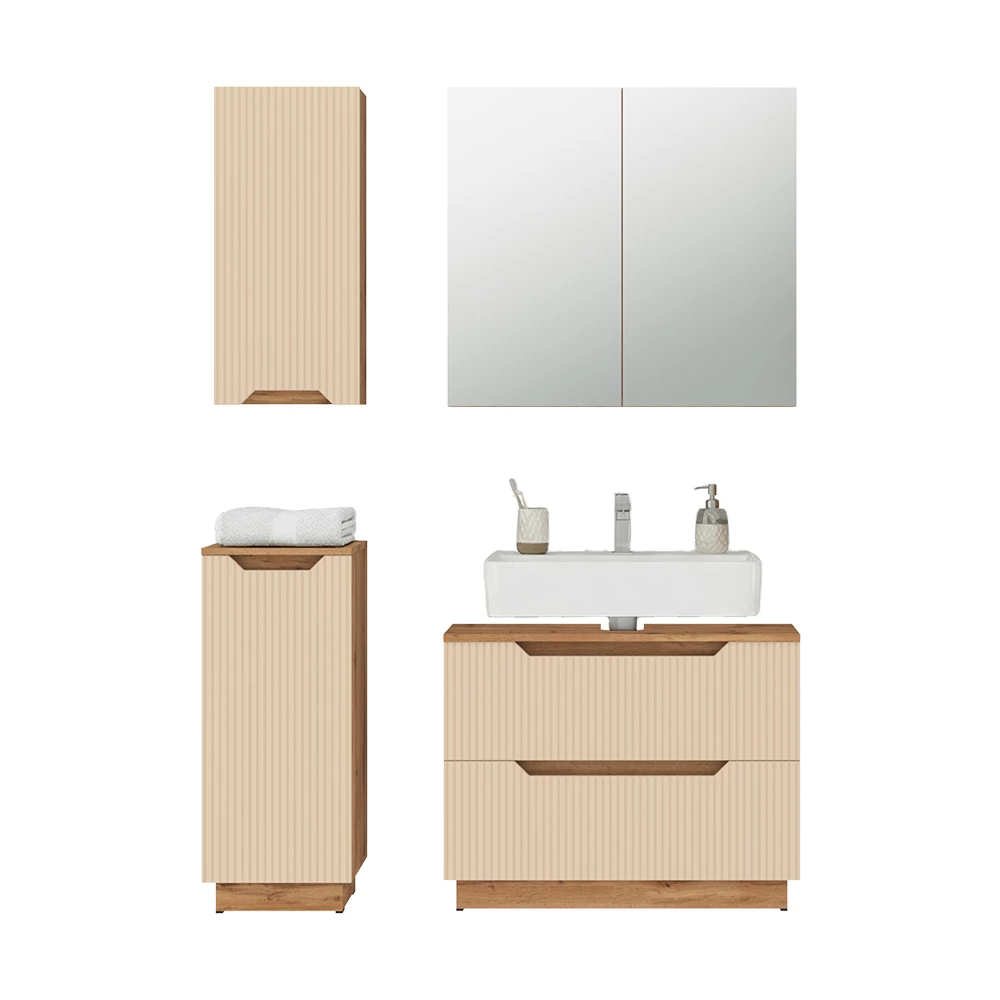 Badmöbel-Set in Eiche/Kaschmir gestreift auf weißem Hintergrund mit dekorativen Elementen