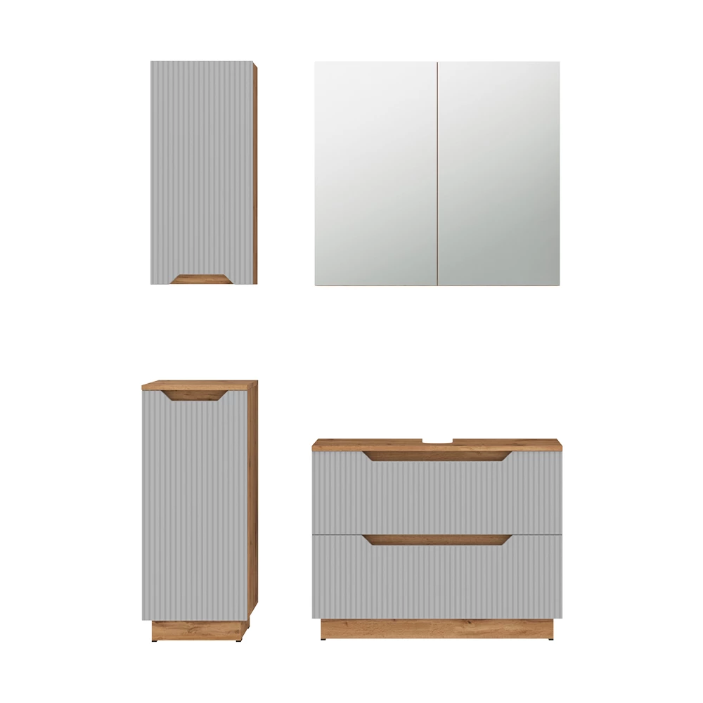 Badmöbel-Set in Eiche/grau gestreift auf weißem Hintergrund