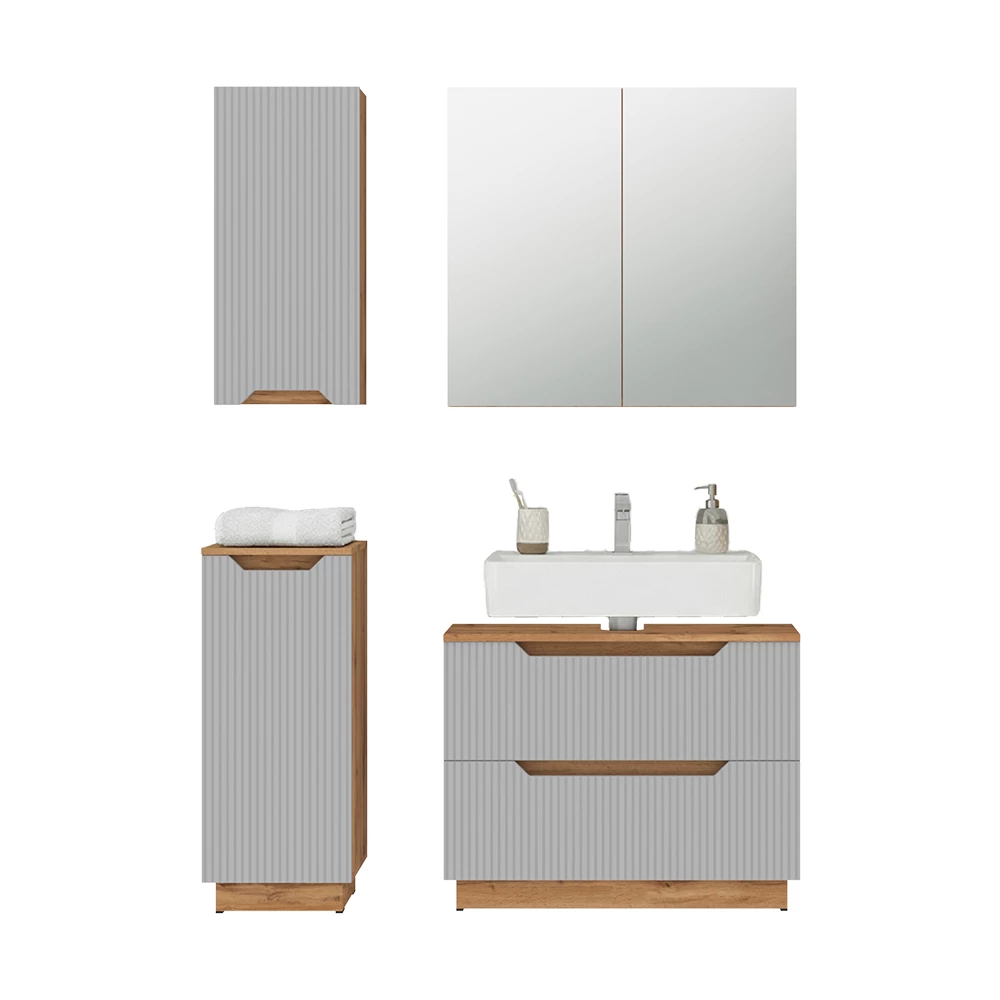 Badmöbel-Set in Eiche/grau gestreift auf weißem Hintergrund mit dekorativen Elementen