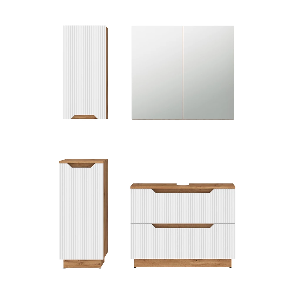 Badmöbel-Set in Eiche/weiß gestreift auf weißem Hintergrund