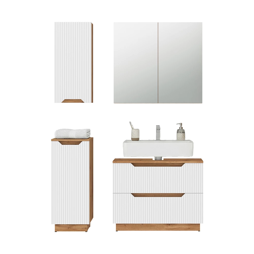 Badmöbel-Set in Eiche/weiß gestreift auf weißem Hintergrund mit dekorativen Elementen