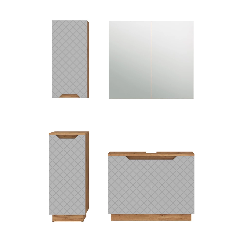 Badkamermeubelset in Eiken/grijs met tegelstructuur on white background