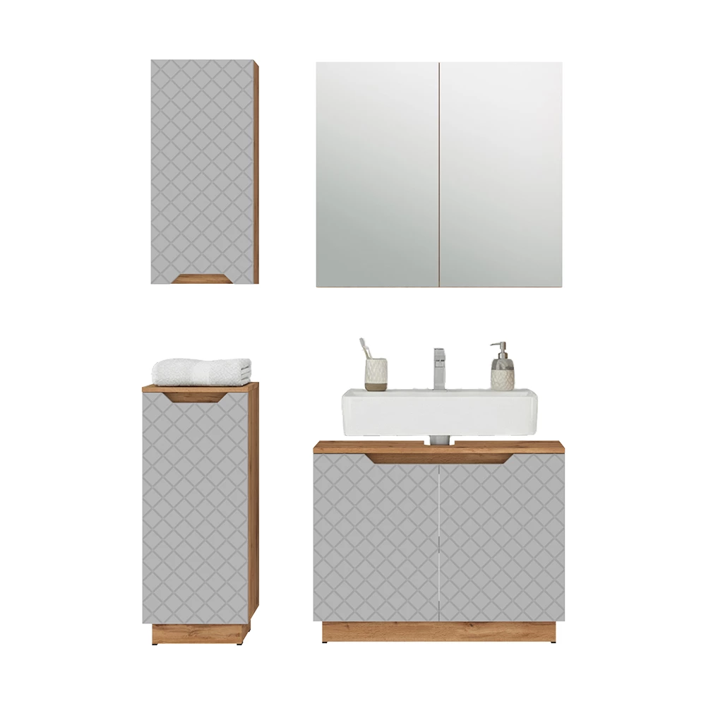 Badkamermeubelset in Eiken/grijs met tegelstructuur on white background with decorative elements
