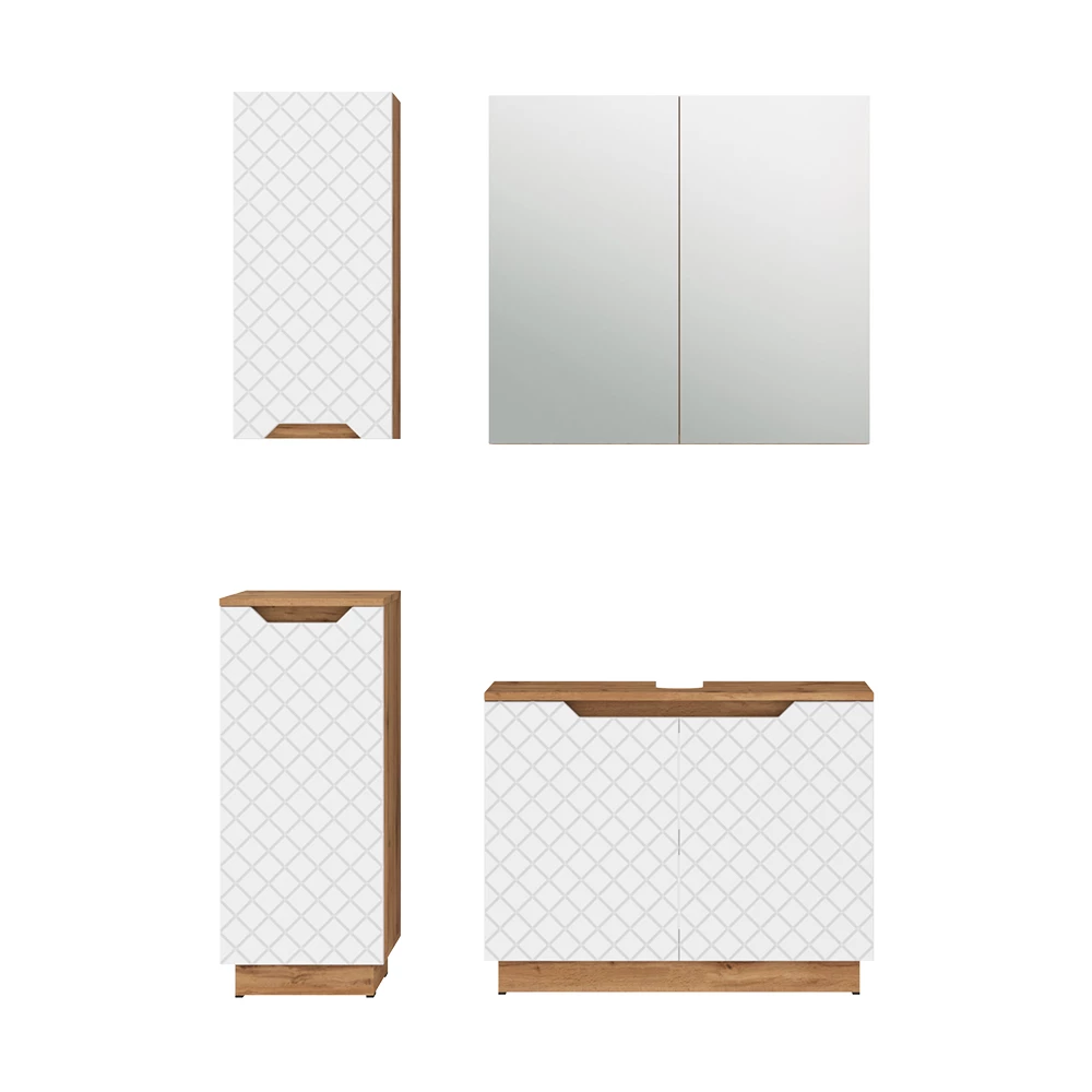 Badkamermeubelset in Eiken/wit met tegelstructuur on white background