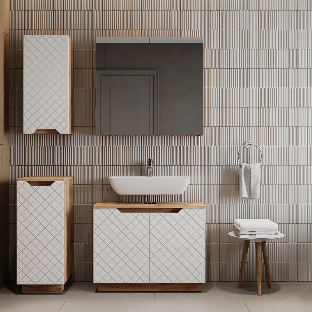 Badkamermeubelset in Eiken/wit met tegelstructuur shown in ambient setting with decoration