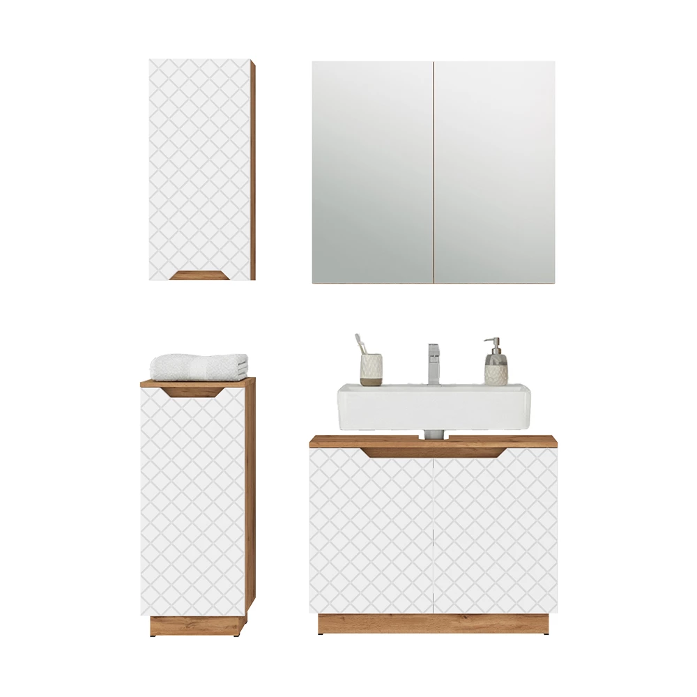 Badkamermeubelset in Eiken/wit met tegelstructuur on white background with decorative elements