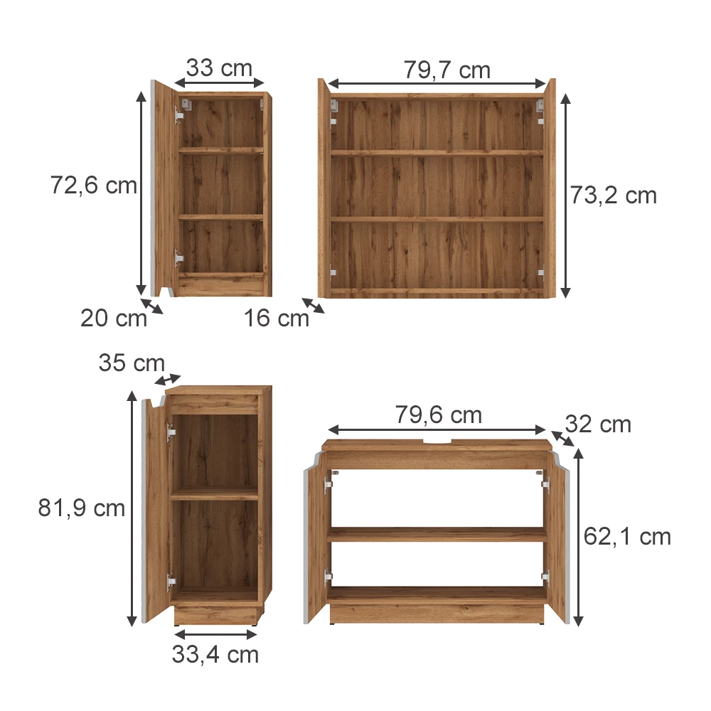 Badmöbel-Set in Eiche/grau gestreift auf weißem Hintergrund mit sichtbaren Maßen