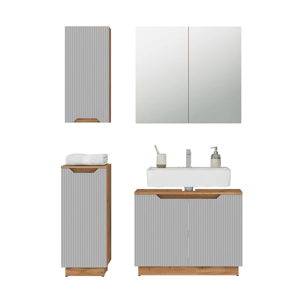 Badmöbel-Set in Eiche/grau gestreift auf weißem Hintergrund mit dekorativen Elementen