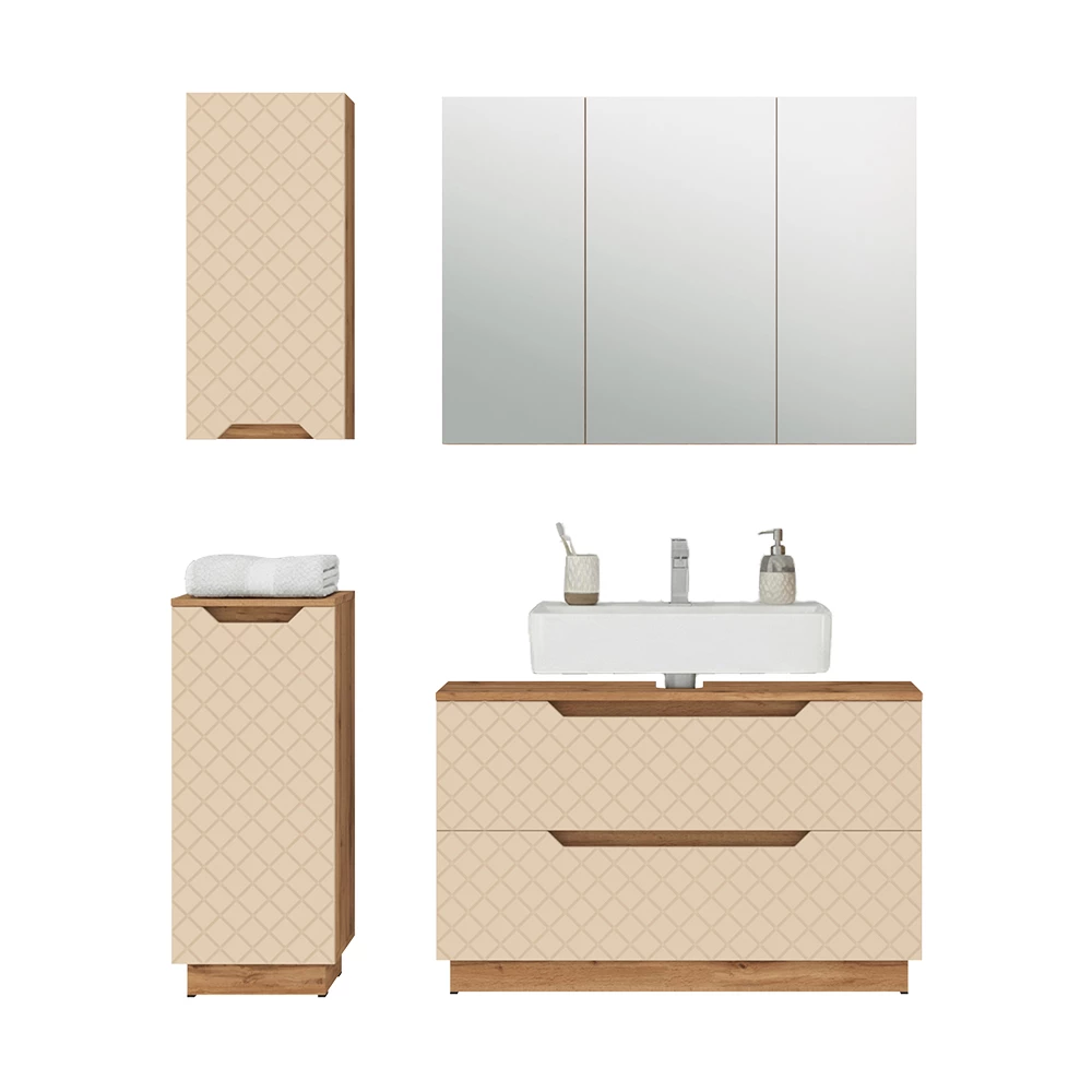 Badkamermeubelset in Eiken/kasjmier met tegelstructuur on white background with decorative elements